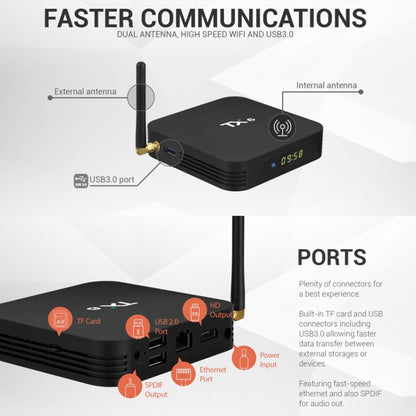TX6 HD TV Box Media Player, Android 7.1 / 9.0 System, Allwinner H6, up to 1.5GHz, Quad-core ARM Cortex-A53, 2GB + 16GB, Support Bluetooth, WiFi, RJ45, US Plug, 2GB+16GB