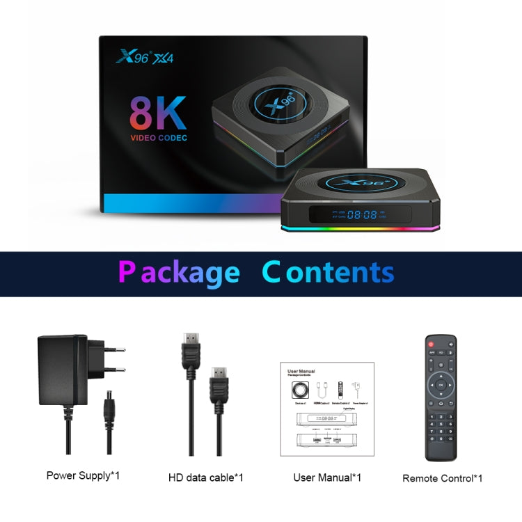X96 X4 8K Smart TV BOX Android 11.0 Media Player with Remote Control, Amlogic S905X4 Quad Core ARM Cortex A55, RAM: 4GB, ROM: 32GB, Support 100M, Dual Band WiFi, Bluetooth, EU Plug