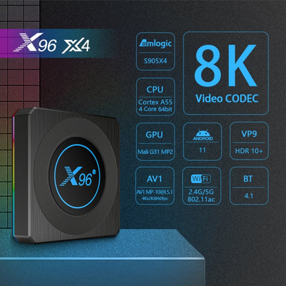 X96 X4 8K Smart TV BOX Android 11.0 Media Player with Remote Control, Amlogic S905X4 Quad Core ARM Cortex A55, RAM: 4GB, ROM: 64GB, Support 1000M, Dual Band WiFi, Bluetooth, EU Plug, 4GB+64GB