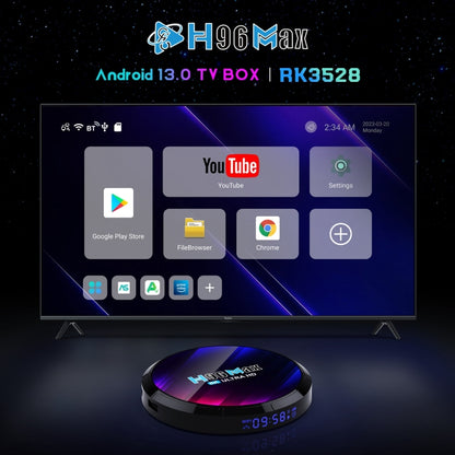 H96 Max 8K Ultra HD Smart TV Box Android 13.0 Media Player with Remote Control, RK3528 Quad-Core, 2GB+16GB