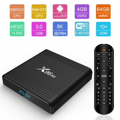 X96 Air 8K Smart TV BOX Android 9.0 Media Player with Remote Control, Quad-core Amlogic S905X3, RAM: 4GB, ROM: 32GB, Dual Band WiFi, Bluetooth, AU Plug
