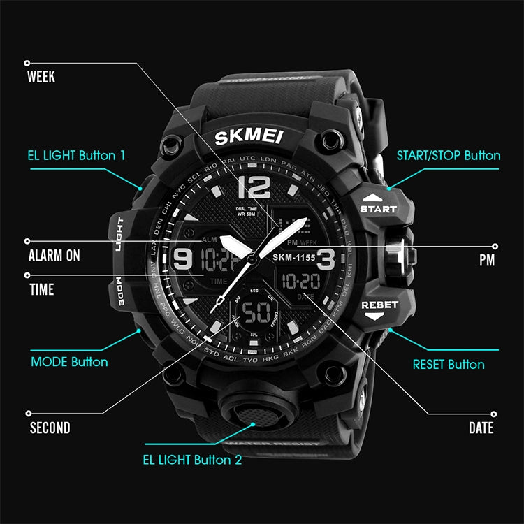 SKMEI 1155B Montre-bracelet multifonction pour homme, de sport, d'extérieur, noctilucente, étanche, à grand cadran