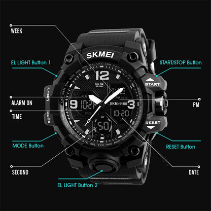 SKMEI 1155B Montre-bracelet multifonction pour homme, de sport, d'extérieur, noctilucente, étanche, à grand cadran