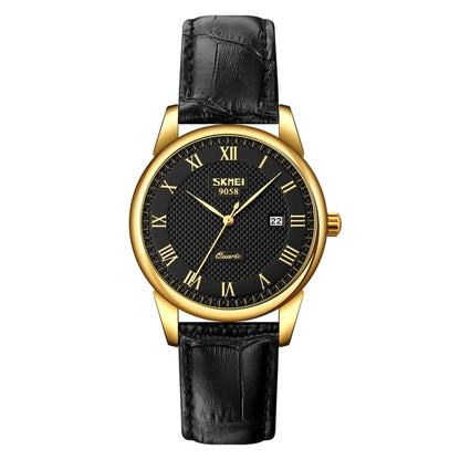 SKMEI 9058 Multifunctional Outdoor Fashion Waterproof Gold Shell Quartz Wrist Watch, Women Style Black Face Black Strap, Women Style Silver Face Brown Strap, Women Style Gold Face Brown Strap, Men Style Silver Face Brown Strap                          ...