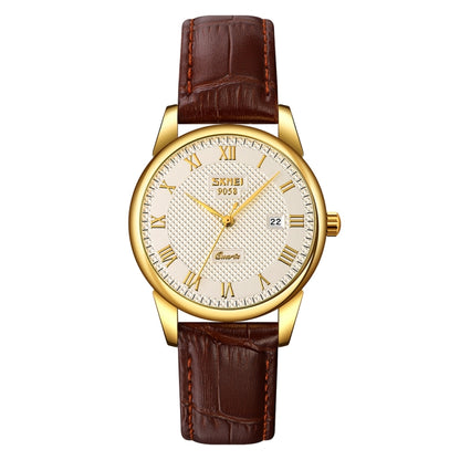 SKMEI 9058 Multifunctional Outdoor Fashion Waterproof Gold Shell Quartz Wrist Watch, Women Style Black Face Black Strap, Women Style Silver Face Brown Strap, Women Style Gold Face Brown Strap, Men Style Silver Face Brown Strap                          ...