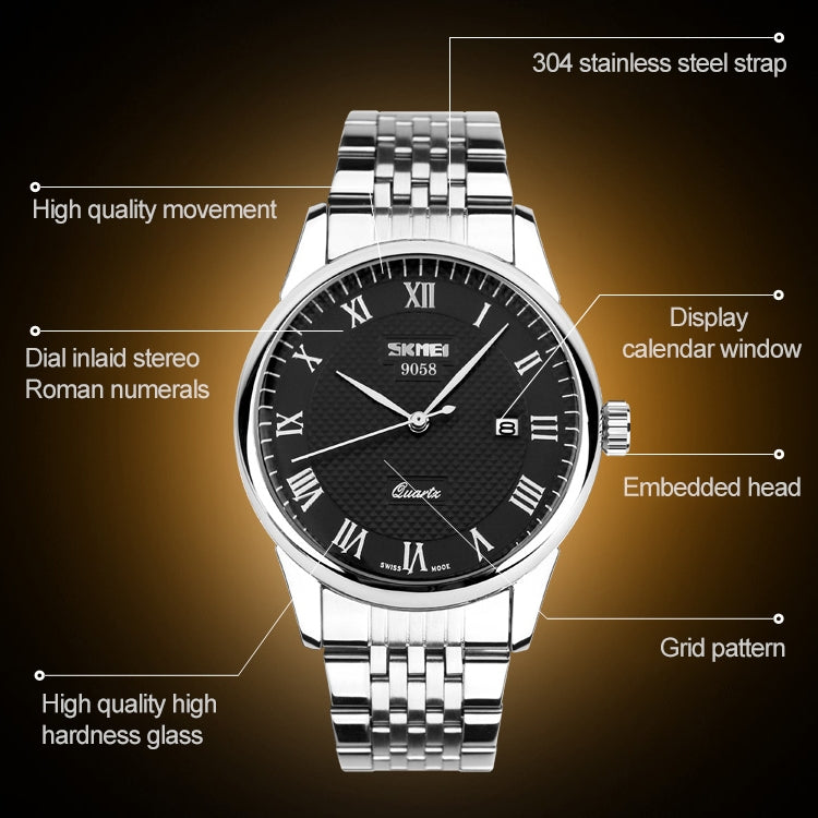 SKMEI 9058 Multifunktionale wasserdichte Outdoor-Mode-Edelstahlarmband-Quarzuhr, Herrenstil Schwarz, Herrenstil Weiß, Herrenstil Blau, Damenstil Schwarz, Damenstil Weiß, Damenstil Blau