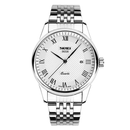 SKMEI 9058 Multifunktionale wasserdichte Outdoor-Mode-Edelstahlarmband-Quarzuhr, Herrenstil Schwarz, Herrenstil Weiß, Herrenstil Blau, Damenstil Schwarz, Damenstil Weiß, Damenstil Blau