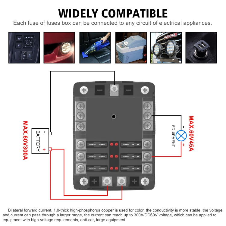 WUPP ZH-1222A1 High Current Independent Positive and Negative 6-way LED Indicator Plug Fuse Box, 6-way