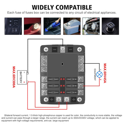 WUPP ZH-1222A1 High Current Independent Positive and Negative 6-way LED Indicator Plug Fuse Box, 6-way