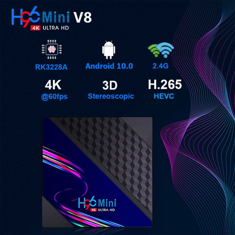 H96 Mini V8 4K Smart TV Box with Remote Control, Android 10.0, RK3228A Quad-core Cortex-A7, 1GB+8GB, Built-in TikTok, Support DLNA / HDMI / USBx2 / 2.4G WIFI, EU Plug, US Plug, UK Plug, AU Plug