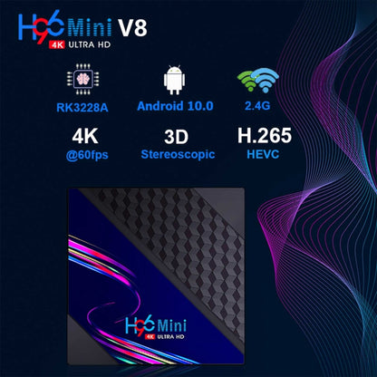 H96 Mini V8 4K Smart TV Box with Remote Control, Android 10.0, RK3228A Quad-core Cortex-A7, 1GB+8GB, Built-in TikTok, Support DLNA / HDMI / USBx2 / 2.4G WIFI, EU Plug, US Plug, UK Plug, AU Plug