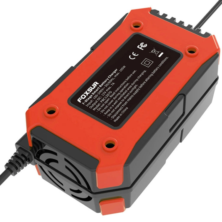 FOXSUR Auto- / Motorrad-Reparatur-Ladegerät 12V 7A 7-stufig + Mehrfach-Batterie-Modus Bleisäure-Batterieladegerät, US-Stecker, EU-Stecker, UK-Stecker