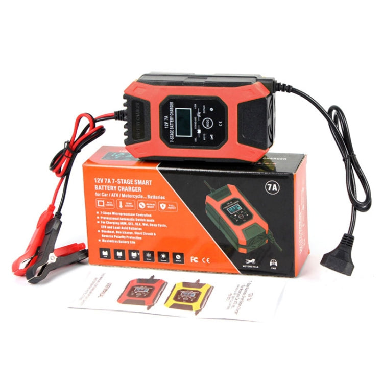 FOXSUR Auto- / Motorrad-Reparatur-Ladegerät 12V 7A 7-stufig + Mehrfach-Batterie-Modus Bleisäure-Batterieladegerät, US-Stecker, EU-Stecker, UK-Stecker