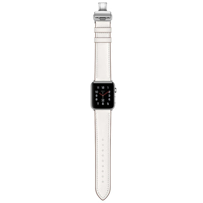 Genuine Leather + Butterfly Silver Buckle Replacement Watchbands For Apple Watch Series 6 & SE & 5 & 4 44mm / 3 & 2 & 1 42mm, Silver Buckle For Apple Watch Series 7 45mm / 6 & SE & 5 & 4 44mm / 3 & 2 & 1 42mm