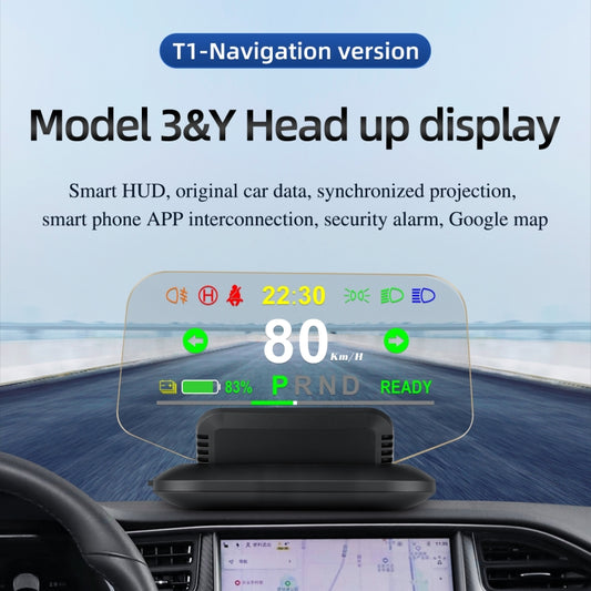 T1 Écran tête haute HUD 5,1 pouces pour voiture, affichage d'alarme de survitesse / pourcentage de batterie restante pour Tesla Model 3 / Y, T1 HUD