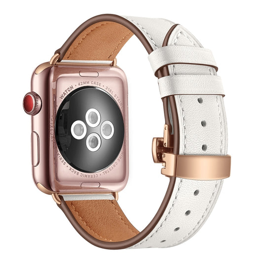 Genuine Leather + Butterfly Rose Gold Buckle Replacement Watchbands For Apple Watch Series 6 & SE & 5 & 4 40mm / 3 & 2 & 1 38mm, Rose Gold Buckle For Apple Watch Series 7 41mm / 6 & SE & 5 & 4 40mm / 3 & 2 & 1 38mm��������������������������������������...