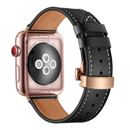 Genuine Leather + Butterfly Rose Gold Buckle Replacement Watchbands For Apple Watch Series 6 & SE & 5 & 4 40mm / 3 & 2 & 1 38mm, Rose Gold Buckle For Apple Watch Series 7 41mm / 6 & SE & 5 & 4 40mm / 3 & 2 & 1 38mm                                      ...
