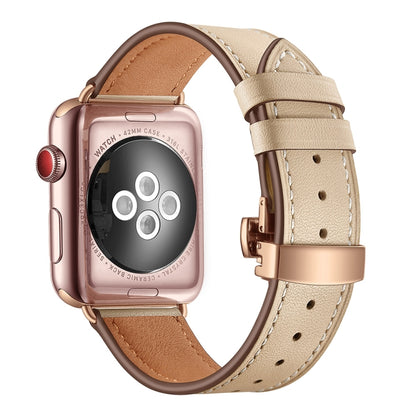 Genuine Leather + Butterfly Rose Gold Buckle Replacement Watchbands For Apple Watch Series 6 & SE & 5 & 4 40mm / 3 & 2 & 1 38mm, Rose Gold Buckle For Apple Watch Series 7 41mm / 6 & SE & 5 & 4 40mm / 3 & 2 & 1 38mm                                      ...