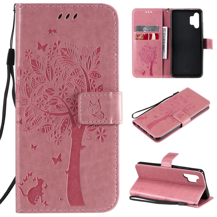 Tree & Cat Pattern Pressed Printing Horizontal Flip PU Leather Case with Holder & Card Slots & Wallet & Lanyard, For Xiaomi Redmi Note 10 4G, For Xiaomi Redmi Note 10 Pro, For Samsung Galaxy A32 4G, For Samsung Galaxy S21 FE, For Xiaomi Mi 11 Lite 5G  ...