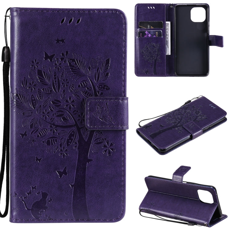 Tree & Cat Pattern Pressed Printing Horizontal Flip PU Leather Case with Holder & Card Slots & Wallet & Lanyard, For Xiaomi Redmi Note 10 4G, For Xiaomi Redmi Note 10 Pro, For Samsung Galaxy A32 4G, For Samsung Galaxy S21 FE, For Xiaomi Mi 11 Lite 5G  ...