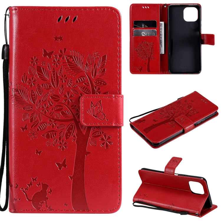 Tree & Cat Pattern Pressed Printing Horizontal Flip PU Leather Case with Holder & Card Slots & Wallet & Lanyard, For Xiaomi Redmi Note 10 4G, For Xiaomi Redmi Note 10 Pro, For Samsung Galaxy A32 4G, For Samsung Galaxy S21 FE, For Xiaomi Mi 11 Lite 5G  ...