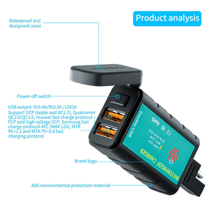 WUPP ZH-1422C2 Motorcycle Square Dual USB Fast Charging Charger with Switch + Integrated SAE Socket + 1m SAE Socket Cable, ZH-1422C2