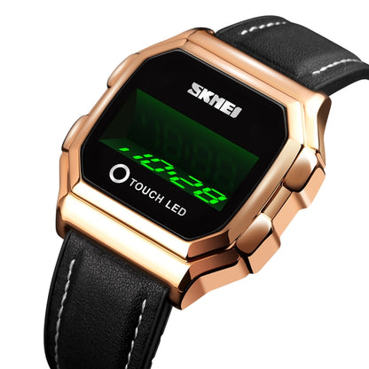 SKMEI 1650 Version bracelet en cuir Montre électronique à affichage numérique LED avec bouton lumineux tactile, Version bracelet en cuir