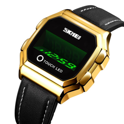 SKMEI 1650 Version bracelet en cuir Montre électronique à affichage numérique LED avec bouton lumineux tactile, Version bracelet en cuir