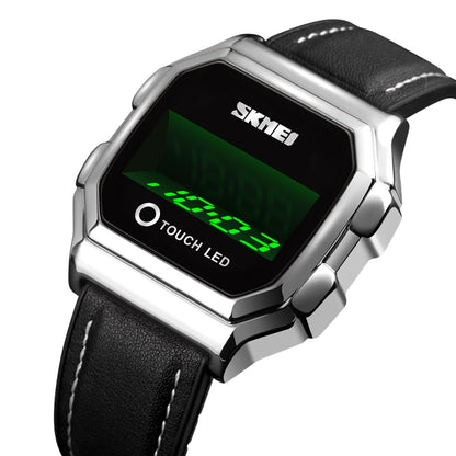 SKMEI 1650 Version bracelet en cuir Montre électronique à affichage numérique LED avec bouton lumineux tactile, Version bracelet en cuir