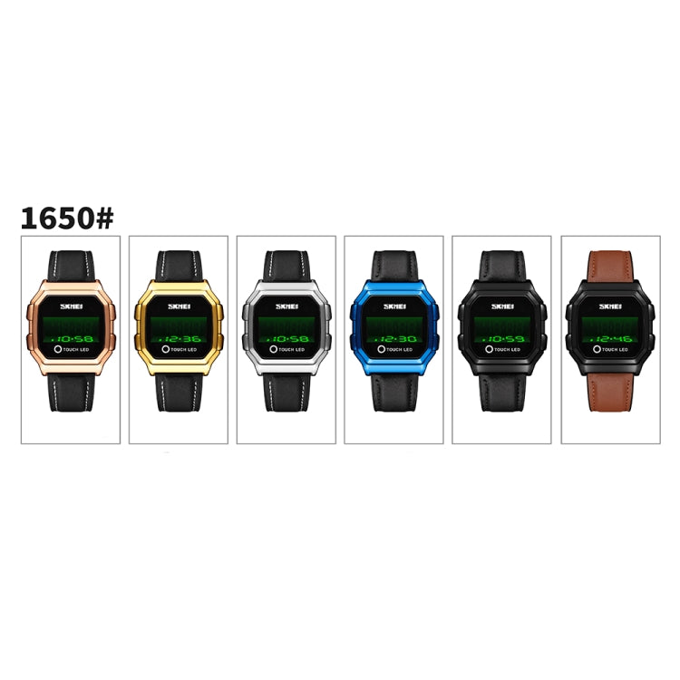 SKMEI 1650 Version bracelet en cuir Montre électronique à affichage numérique LED avec bouton lumineux tactile, Version bracelet en cuir