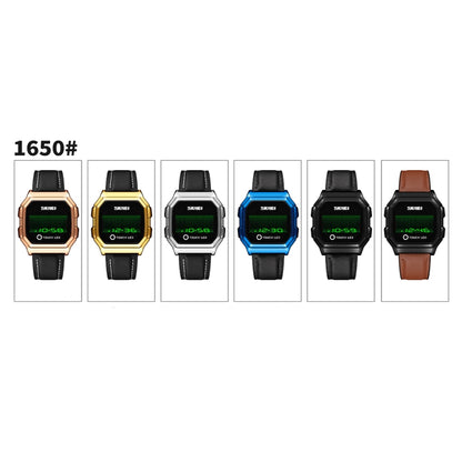 SKMEI 1650 Version bracelet en cuir Montre électronique à affichage numérique LED avec bouton lumineux tactile, Version bracelet en cuir