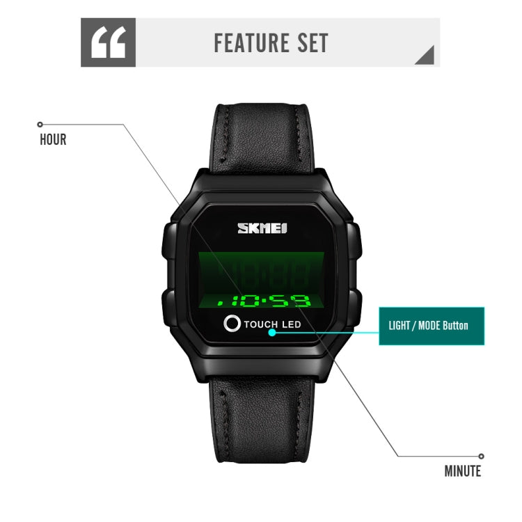 SKMEI 1650 Version bracelet en cuir Montre électronique à affichage numérique LED avec bouton lumineux tactile, Version bracelet en cuir