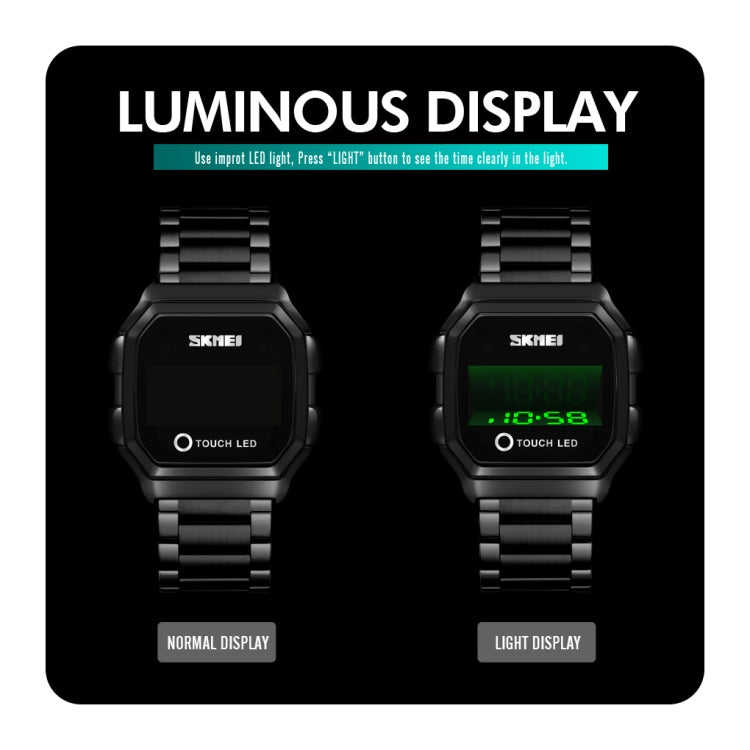 SKMEI 1650 Version bracelet en cuir Montre électronique à affichage numérique LED avec bouton lumineux tactile, Version bracelet en cuir