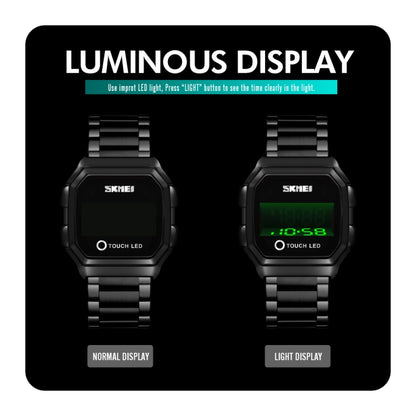 SKMEI 1650 Version bracelet en cuir Montre électronique à affichage numérique LED avec bouton lumineux tactile, Version bracelet en cuir