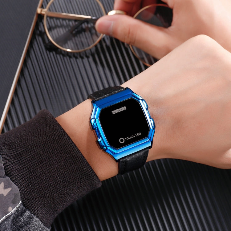 SKMEI 1650 Version bracelet en cuir Montre électronique à affichage numérique LED avec bouton lumineux tactile, Version bracelet en cuir