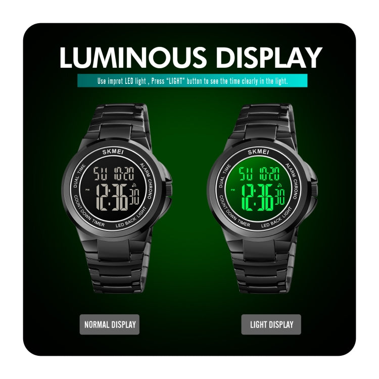 SKMEI 1712 Double affichage numérique LED, montre électronique lumineuse avec bracelet en acier inoxydable
