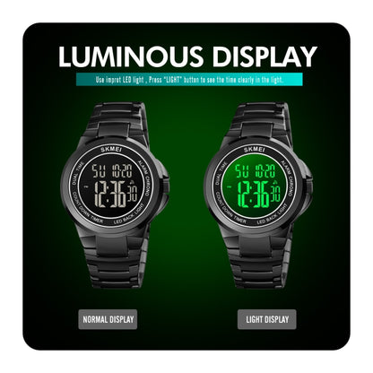 SKMEI 1712 Double affichage numérique LED, montre électronique lumineuse avec bracelet en acier inoxydable