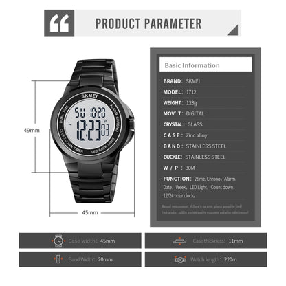 SKMEI 1712 Double affichage numérique LED, montre électronique lumineuse avec bracelet en acier inoxydable