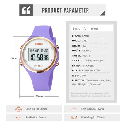 SKMEI 1720 Montre électronique à cadran rond, affichage numérique LED, bracelet en silicone lumineux