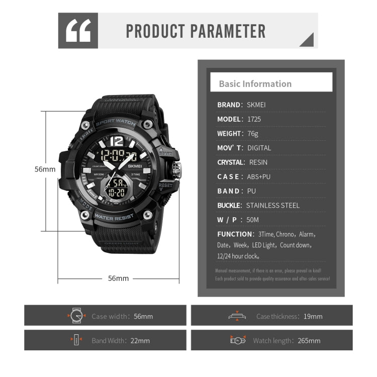 SKMEI 1725 Montre Électronique Lumineuse à Affichage Numérique LED Trois Heures avec Chronométrage