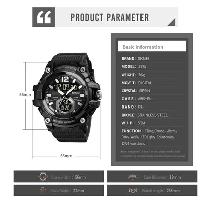 SKMEI 1725 Montre Électronique Lumineuse à Affichage Numérique LED Trois Heures avec Chronométrage