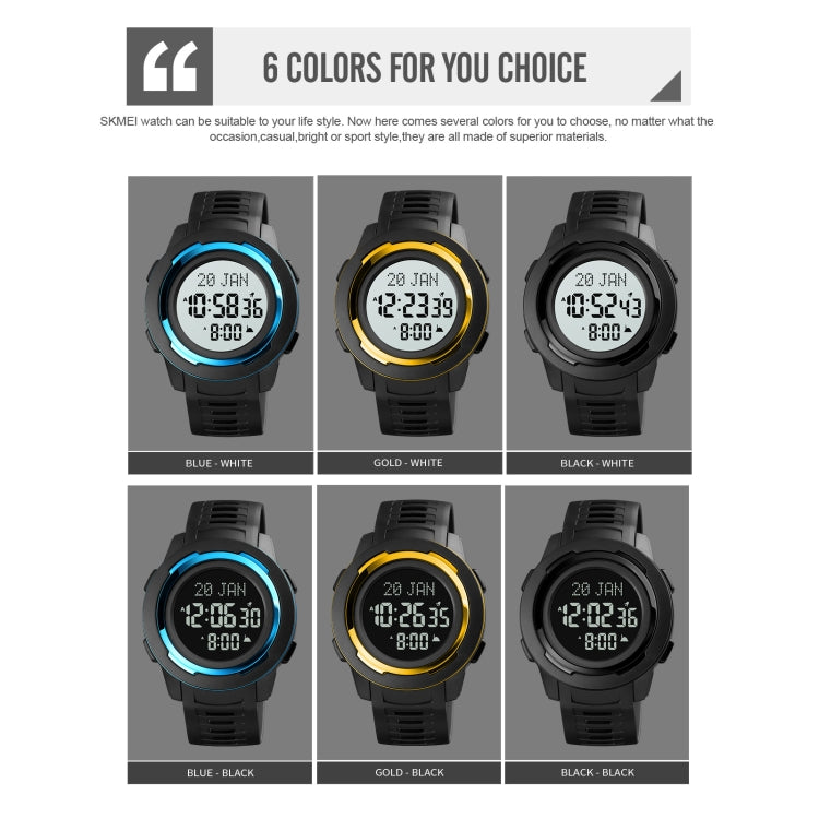SKMEI 1729 Montre électronique lumineuse numérique multifonctionnelle à affichage LED avec calendrier Qibla
