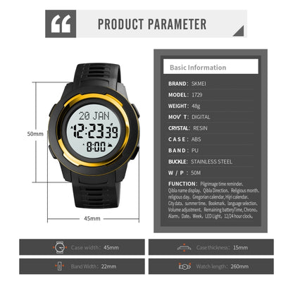 SKMEI 1729 Montre électronique lumineuse numérique multifonctionnelle à affichage LED avec calendrier Qibla