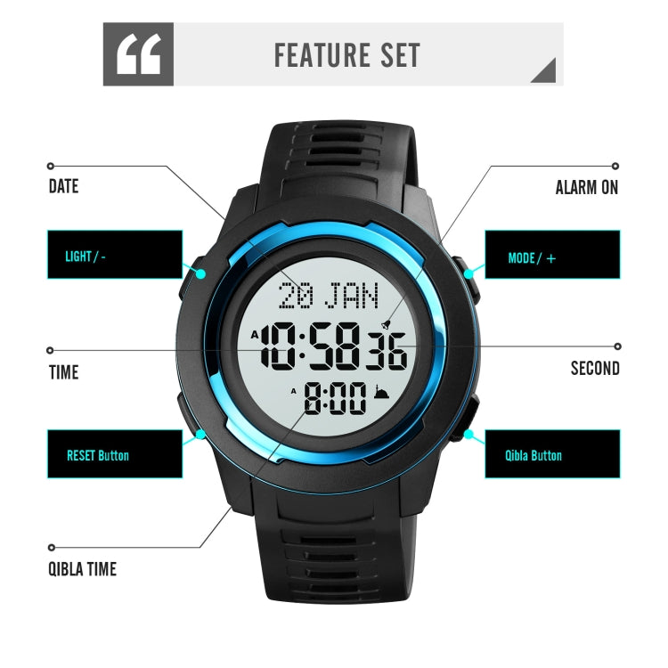 SKMEI 1729 Montre électronique lumineuse numérique multifonctionnelle à affichage LED avec calendrier Qibla