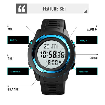 SKMEI 1729 Montre électronique lumineuse numérique multifonctionnelle à affichage LED avec calendrier Qibla
