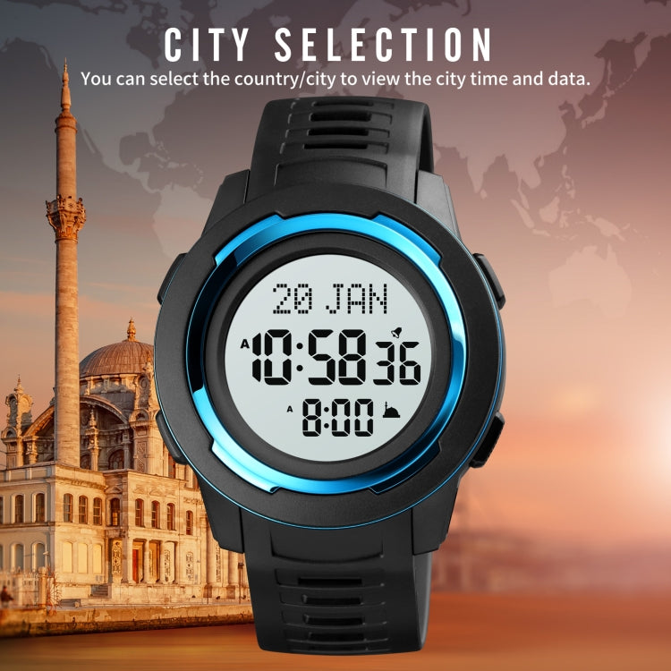 SKMEI 1729 Montre électronique lumineuse numérique multifonctionnelle à affichage LED avec calendrier Qibla