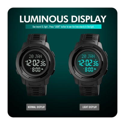 SKMEI 1729 Montre électronique lumineuse numérique multifonctionnelle à affichage LED avec calendrier Qibla