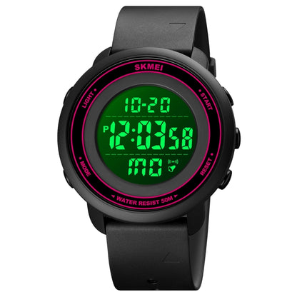 SKMEI 1736 Montre électronique lumineuse avec affichage numérique LED, cadran rond et triple heure.