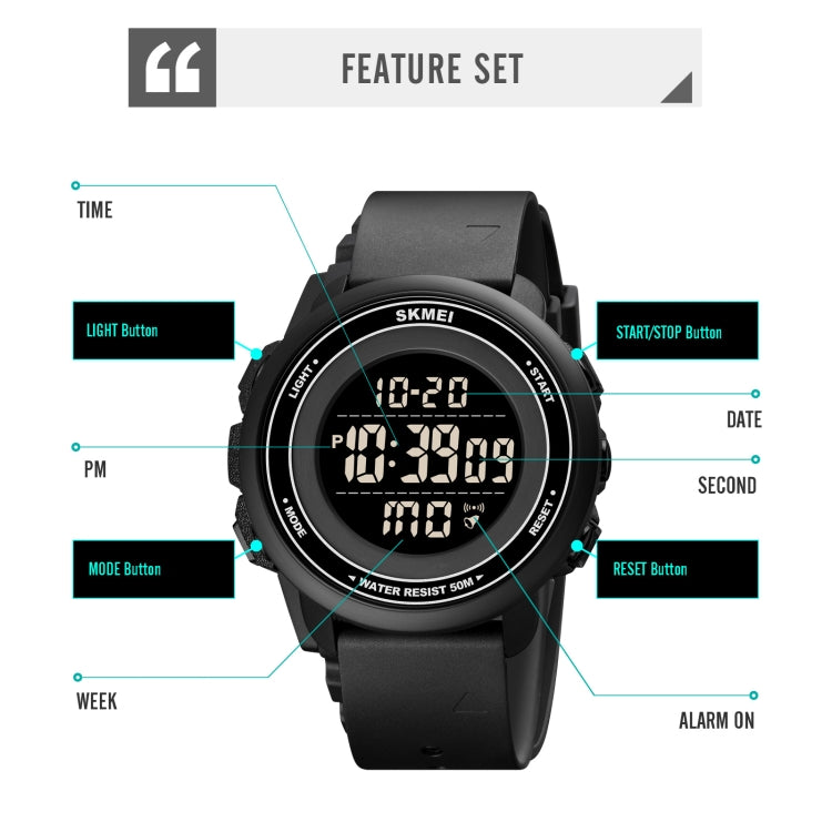 SKMEI 1736 Montre électronique lumineuse avec affichage numérique LED, cadran rond et triple heure.