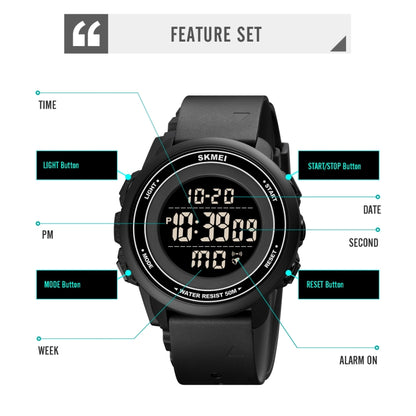 SKMEI 1736 Montre électronique lumineuse avec affichage numérique LED, cadran rond et triple heure.